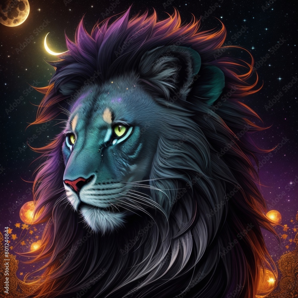 Beautiful Illustration Of A Lion's Face On The Night Sky, Closeup, Purple, Green And Orange Nebula, Moon In The Back