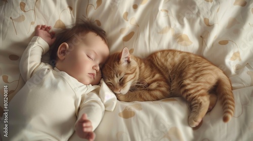 Adorable Cute sleeping baby with cat