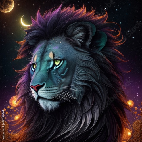 Beautiful Illustration Of A Lion s Face On The Night Sky  Closeup  Purple  Green And Orange Nebula  Moon In The Back