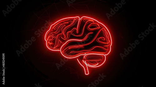 A red neon outline of a human brain on a black background.