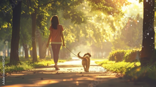 A female walk a dog in outdoor park photo