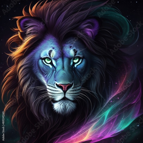 Beautiful Illustration Of A Lion s Face On A Nebula In The Space  Closeup