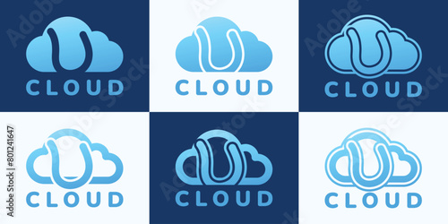 Set of letter U blue cloud logo. This logo combines letters and cloud shapes. Suitable for internet companies, apps, digital storage and the like.