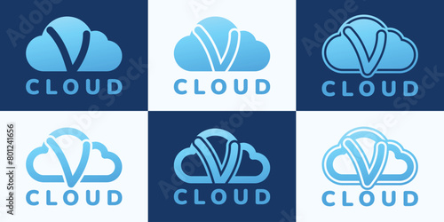 Set of letter V blue cloud logo. This logo combines letters and cloud shapes. Suitable for internet companies, apps, digital storage and the like.