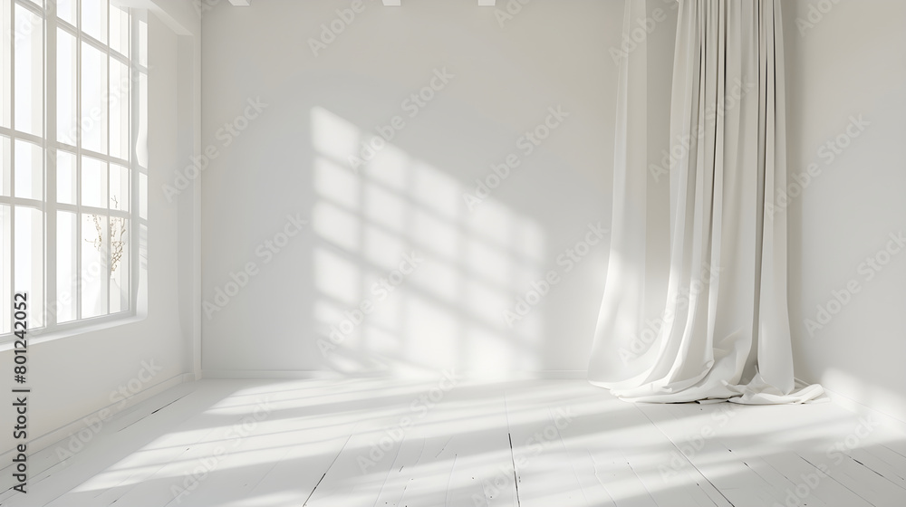 White empty room with curtain and window. Empty room interior for wall art mockups. White empty room with curtain and window. Empty room interior for wall art mockups.