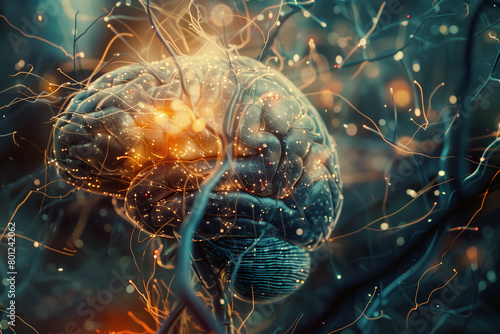 Human brain on dark blue background photo