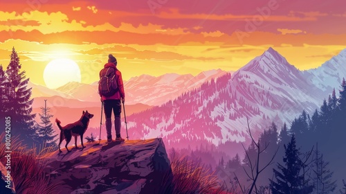 Dog and a hiker standing at top of mountain in outdoor park at sunrise