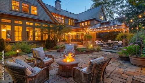 Patio of a beautiful suburban home with lights and wicker chairs