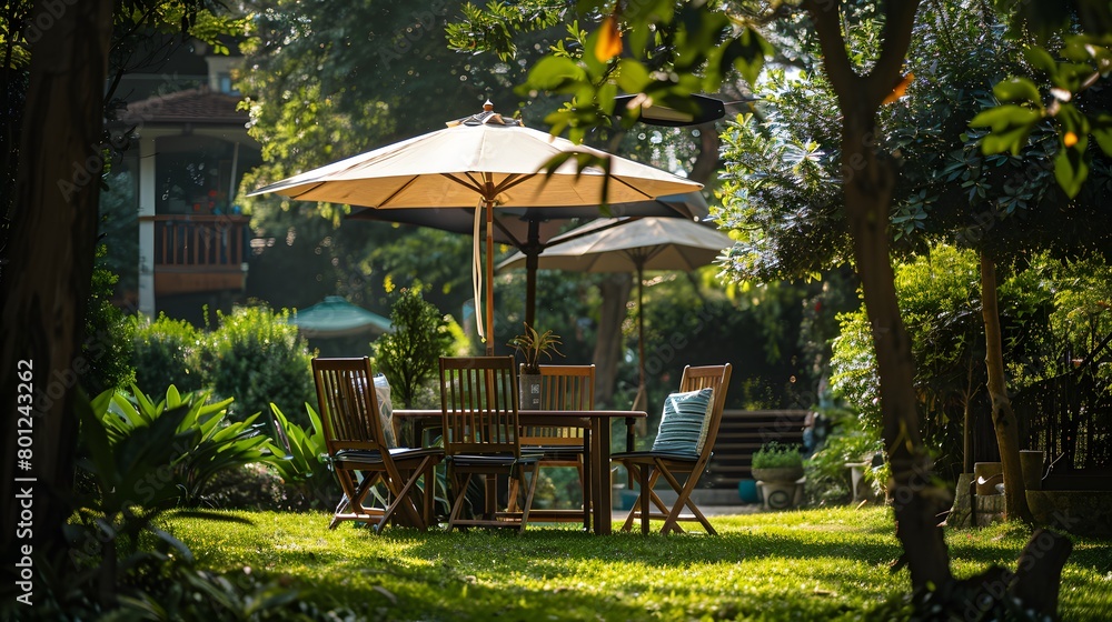A family dinner at a wooden table with four chairs and a sun umbrella, arranged for a coffee picnic party on the grass near trees in a summer garden. A family dinner at a wooden table with four chairs and a sun umbrella, arranged for a coffee picnic party on the grass near trees in a summer garden.