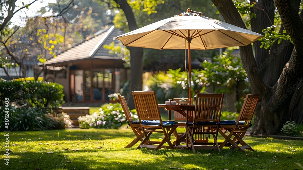 A family dinner at a wooden table with four chairs and a sun umbrella, arranged for a coffee picnic party on the grass near trees in a summer garden. A family dinner at a wooden table with four chairs and a sun umbrella, arranged for a coffee picnic party on the grass near trees in a summer garden.