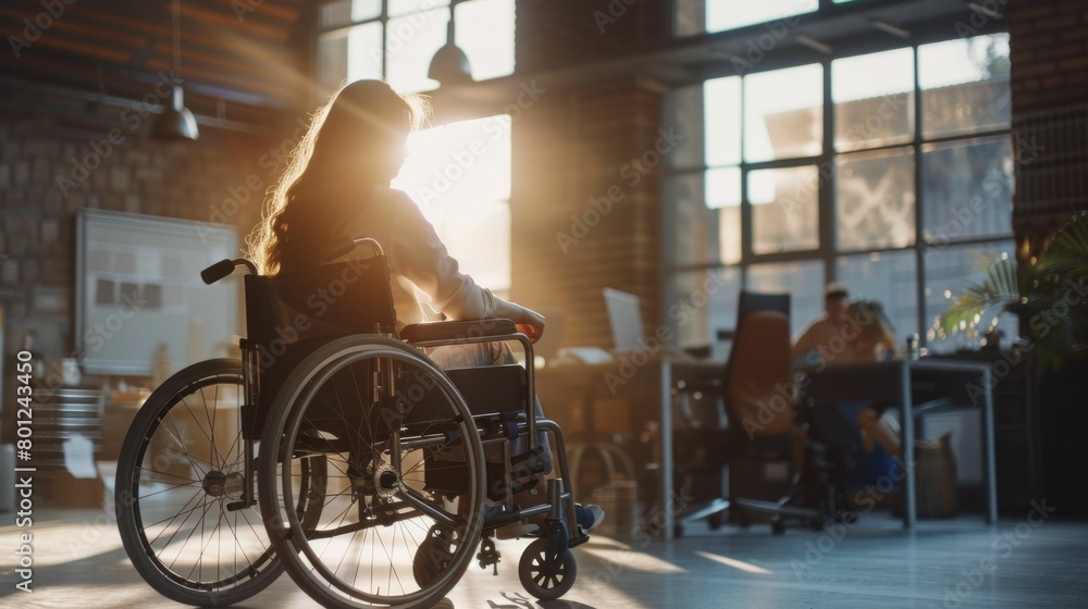 Disabled woman in wheelchair sitting in sunlit office space