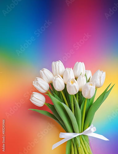 Bouquet of white tulip on a blur GLBT rainbow colors background. Mothers day concept. Birthday or Valentine day card. Spacy text.