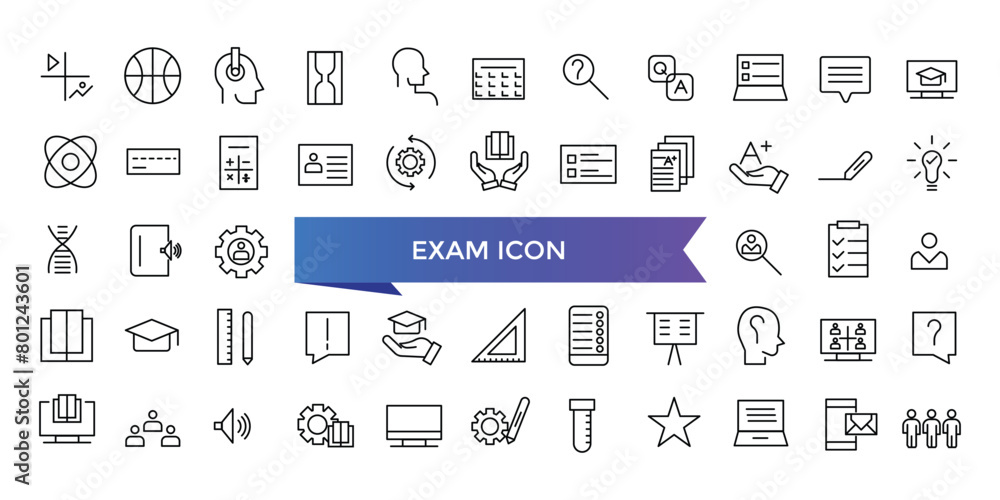 Exam icon collection. Related to test, score, quiz, questionnaire, results, pass, online exam and more. Line vector icons set. Exam icon collection. Related to test, score, quiz, questionnaire, results, pass, online exam and more. Line vector icons set.