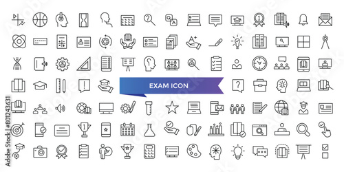 Exam icon collection. Related to test, score, quiz, questionnaire, results, pass, online exam and more. Line vector icons set.