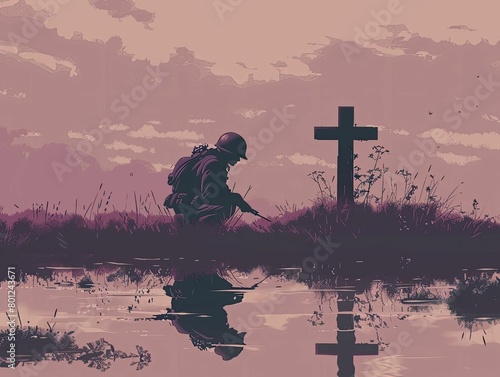 Lone veteran kneeling at a comrade's grave, somber reflection, muted colors. photo