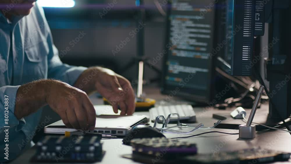 Close up of male electronics engineer taking laptop to pieces for repair with low key lighting - shot in slow motion Close up of male electronics engineer taking laptop to pieces for repair with low key lighting - shot in slow motion