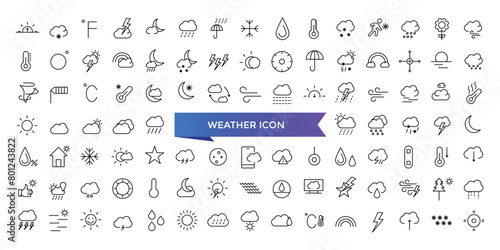 Weather icon collection. Related to temperature, sun, rain, snow, cloud, humidity, summer, winter, spring, cloudy and rainy season. Climate symbol set.