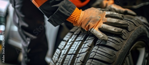 experienced hardworking mechanic in orange gloves is installing screws on a car wheel.