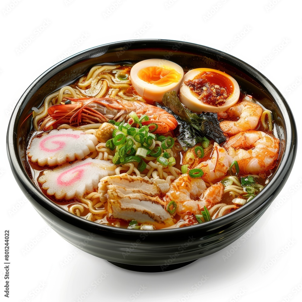 High-quality image of a mouthwatering seafood ramen, focusing closely on the assortment of seafood, vividly presented against an isolated background High-quality image of a mouthwatering seafood ramen, focusing closely on the assortment of seafood, vividly presented against an isolated background