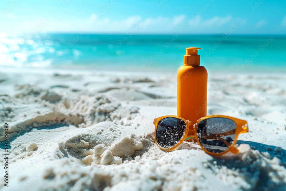 sunscreen in an orange tube stands on the sand against the background of the ocean. UV protection. sunscreen in an orange tube stands on the sand against the background of the ocean. UV protection.