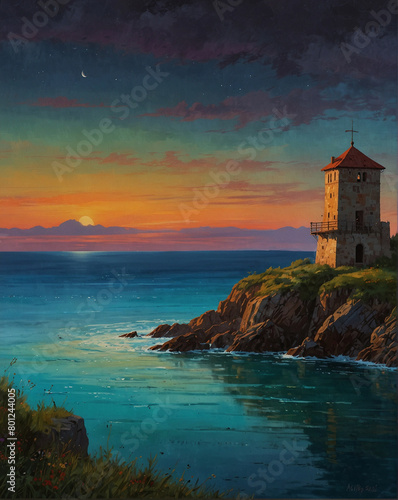 Serene Lighthouse Tower Standing Tall on Rock in Ocean at Sunset