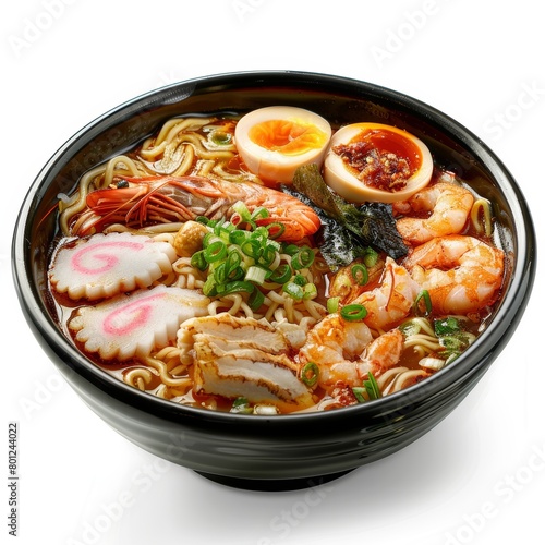 High-quality image of a mouthwatering seafood ramen, focusing closely on the assortment of seafood, vividly presented against an isolated background