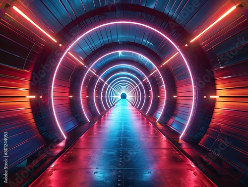 stunning 3D illustration of a UHD (Ultra High Definition) illuminated dark tunnel, designed to captivate the senses and evoke a sense of awe. The tunnel stretches out before you, its sleek,  ©  Photography Magic