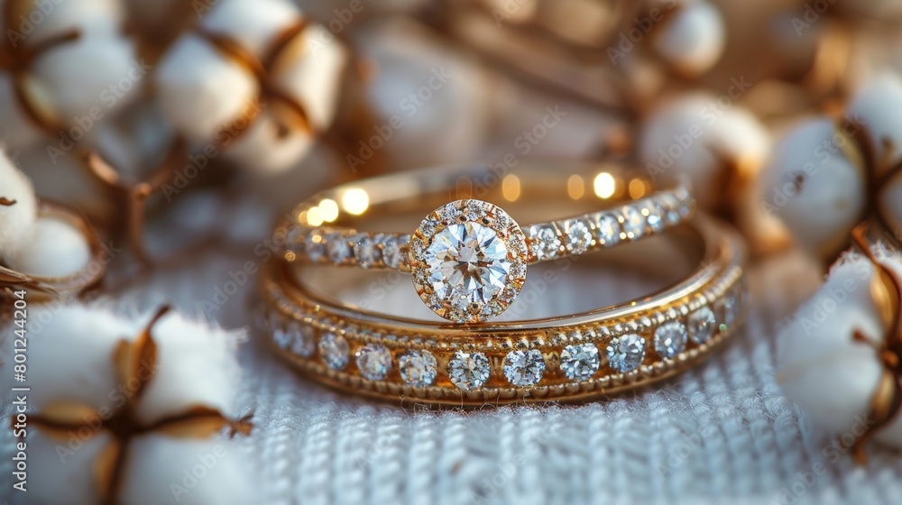 Exquisite golden wedding bands nestled among soft cotton bolls, symbolizing timeless elegance and romantic commitment