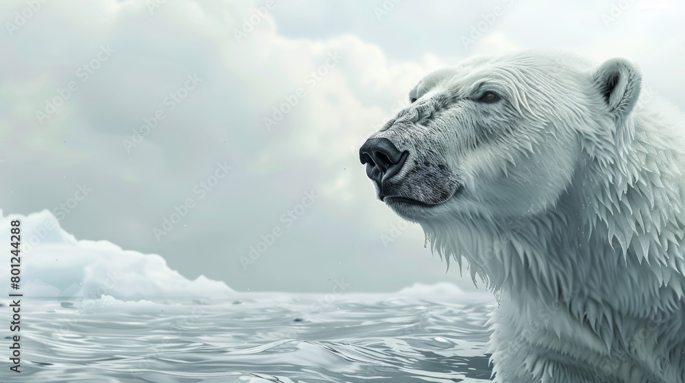 High-resolution, realistic close-up of a polar bear on thin ice, set against a stark white snowy background, emphasizing climate impact High-resolution, realistic close-up of a polar bear on thin ice, set against a stark white snowy background, emphasizing climate impact