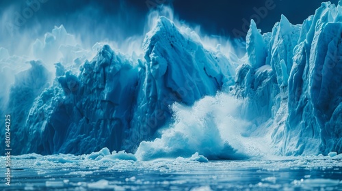 Dramatic high-res close-up of a glacier in the process of melting, set against a stark deep blue background, emphasizing global warming effects photo