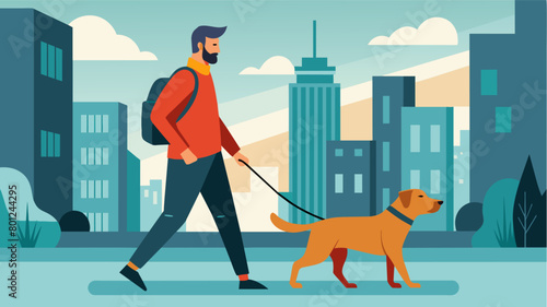 A person walking down a busy city street with their service dog the dogs alertness and watchful eyes giving their owner a sense of safety and. Vector illustration