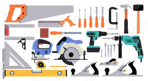Essential Woodworking Tools for Professional Carpenter, Providing Quality Repair Equipment and Maintenance Service, Vector Flat Illustration Design