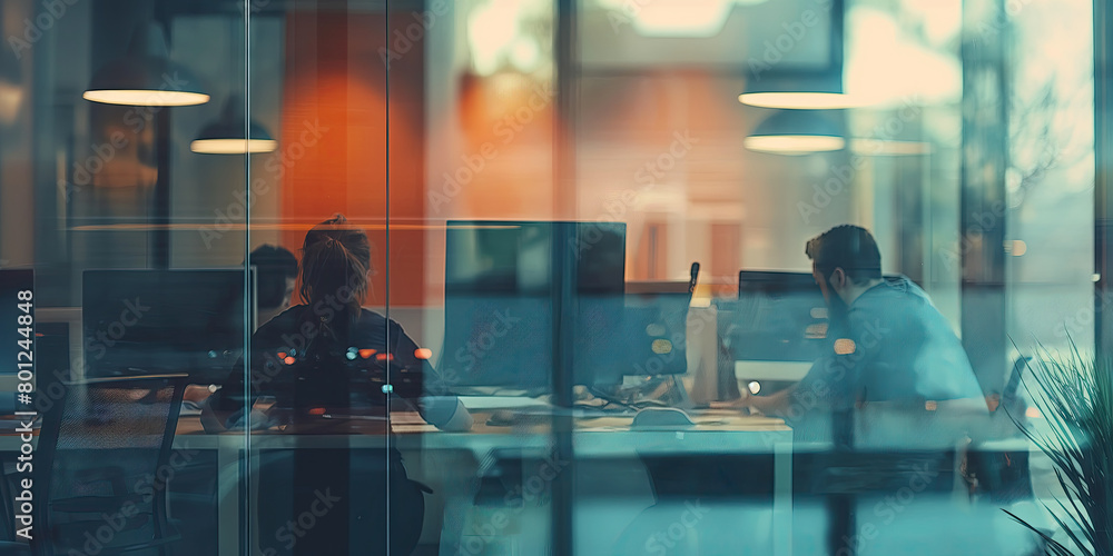 Office workers during evening hours seen through glass. Business and overtime work concept for banner, poster, and corporate design.