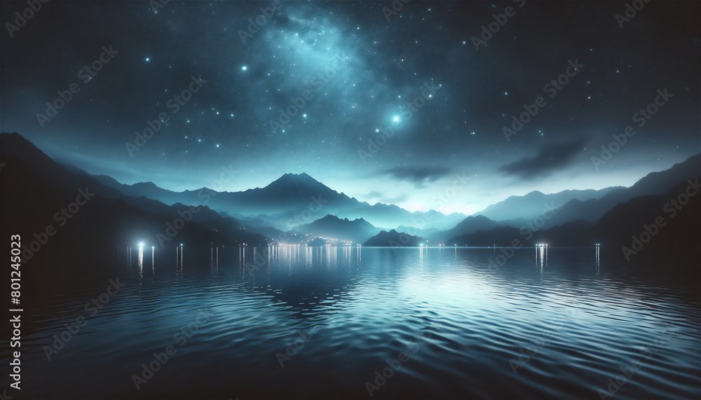 山の湖と街の灯りと夜の星空
