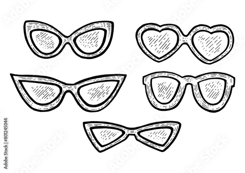 Sunglasses fashion set sketch engraving PNG illustration. Scratch board style imitation. Black and white hand drawn image.