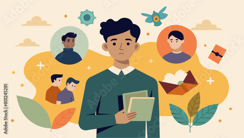 A teenager creating a mixed media piece that combines old photographs of their ancestors with modern symbols representing the importance of honoring. Vector illustration