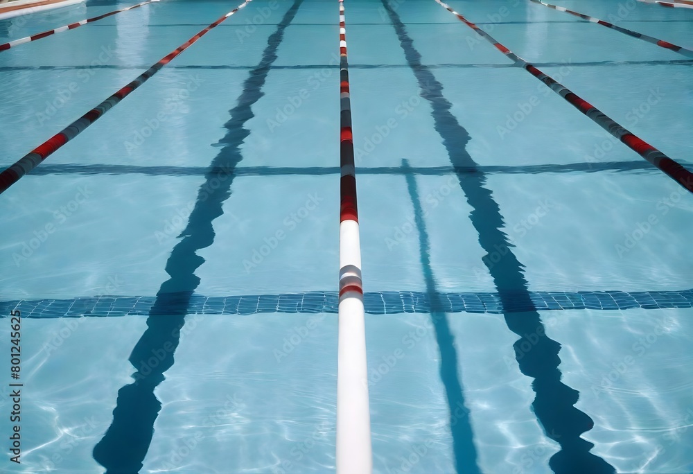 An empty swimming pool with clear water and lane markers