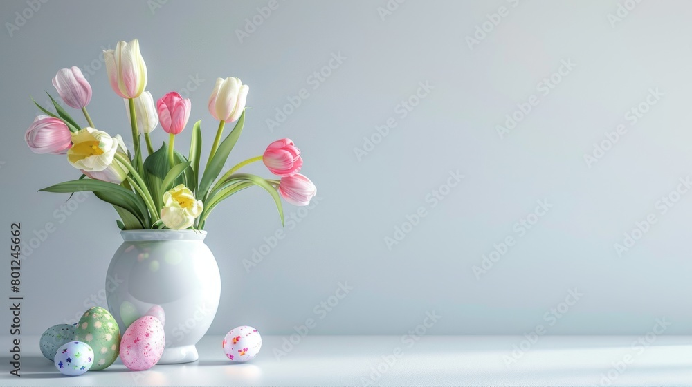 Beautiful Eastern eggs on table with flowers