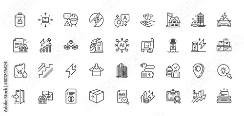 Electricity consumption, Entrance and Parcel shipping line icons pack. AI, Question and Answer, Map pin icons. Engineering plan, Rise price, Diesel station web icon. Vector