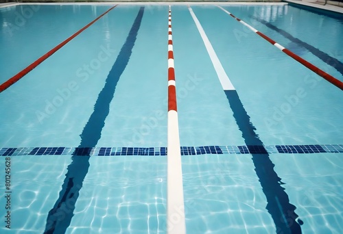 An empty swimming pool with clear water and lane markers