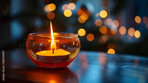 A candle burning in a glass cup casts a romantic vibe against a dark background, enhanced by a bokeh effect, perfect for a Christmas spa or spiritual meditation in the dark.