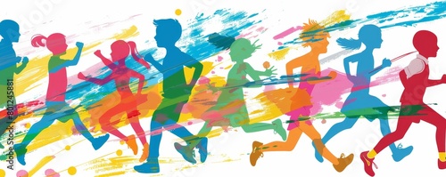 Colorful illustration of children running joyfully, vibrant and energetic artwork