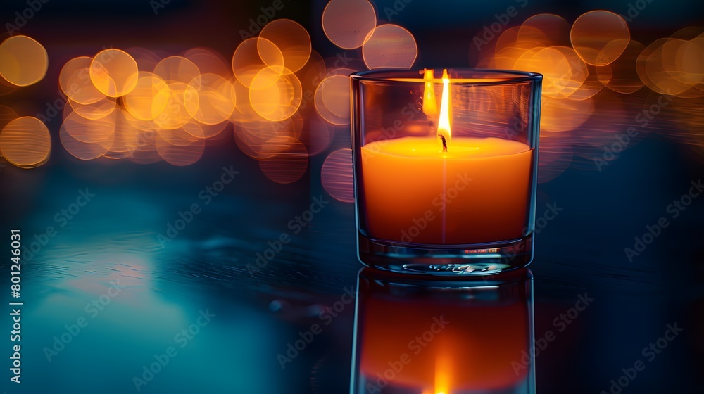 A candle burning in a glass cup casts a romantic vibe against a dark background, enhanced by a bokeh effect, perfect for a Christmas spa or spiritual meditation in the dark. A candle burning in a glass cup casts a romantic vibe against a dark background, enhanced by a bokeh effect, perfect for a Christmas spa or spiritual meditation in the dark.