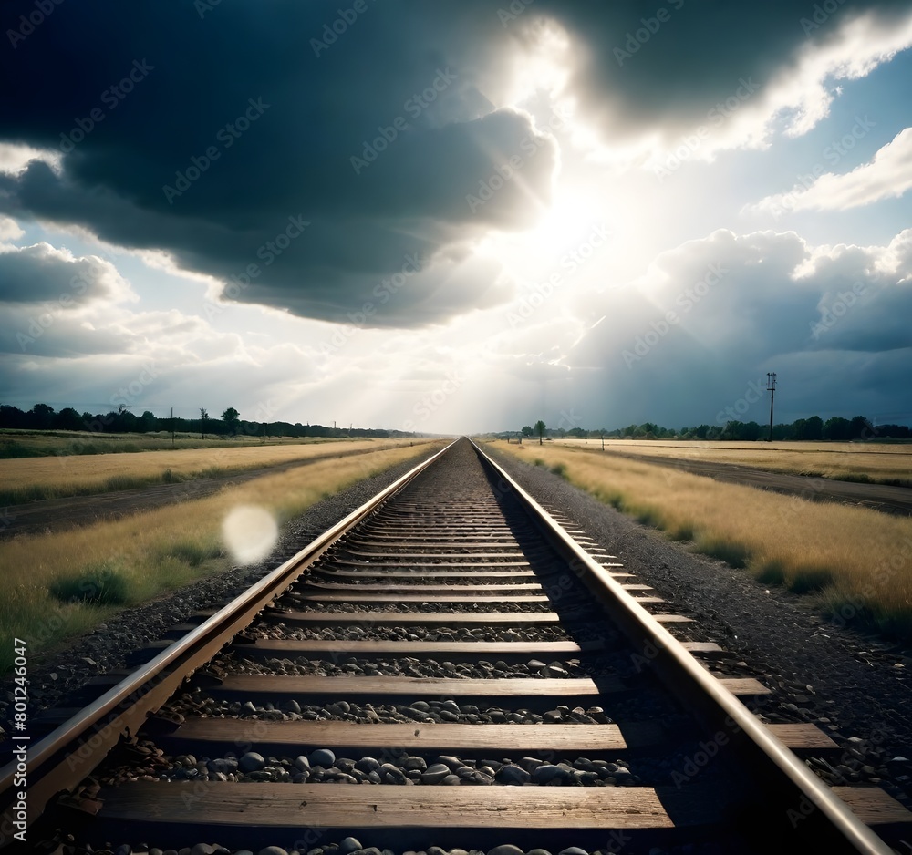 Railroad tracks leading into the distance under a dramatic cloudy sky with sunlight breaking through