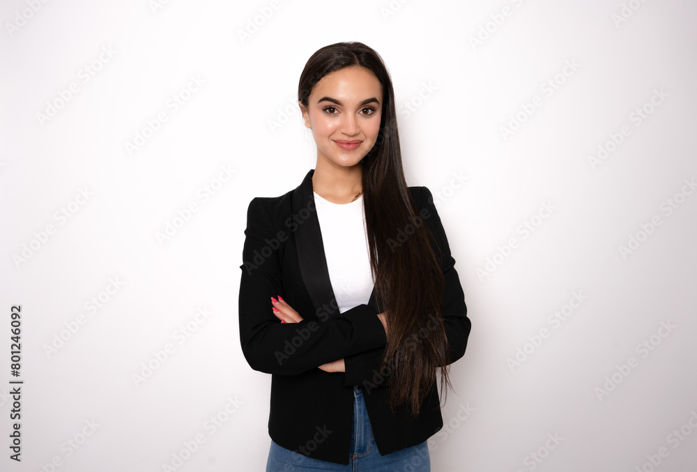 brunette business lady in white shirt smiling confident and cheerful with folded hands, isolated on white background. brunette business lady in white shirt smiling confident and cheerful with folded hands, isolated on white background.
