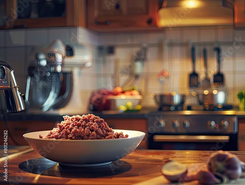 inviting kitchen interior featuring a bowl of freshly ground beef made with an electric meat grinder. The kitchen is bathed in warm light,  photo