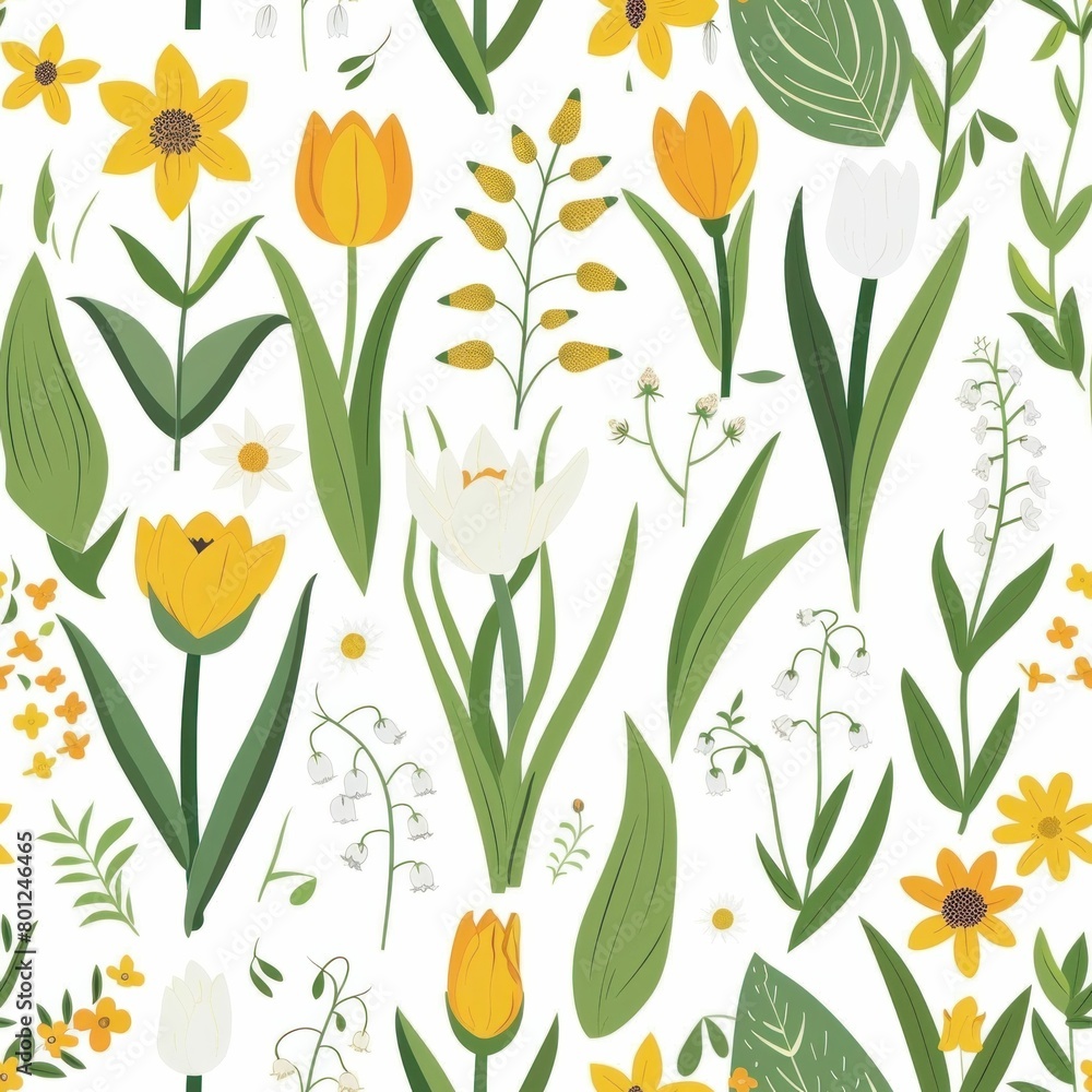 Seamless pattern with yellow and white flowers on a white background illustration for design purposes