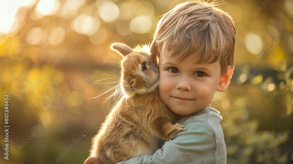 A little boy is playing with a baby rabbit at outdoor park A little boy is playing with a baby rabbit at outdoor park