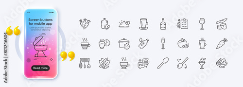 Whiskey bottle, Cafe creme and Carrot line icons for web app. Phone mockup gradient screen. Pack of Coffee break, Ice cream, Salad pictogram icons. Grill, Potato chips, Diet menu signs. Vector