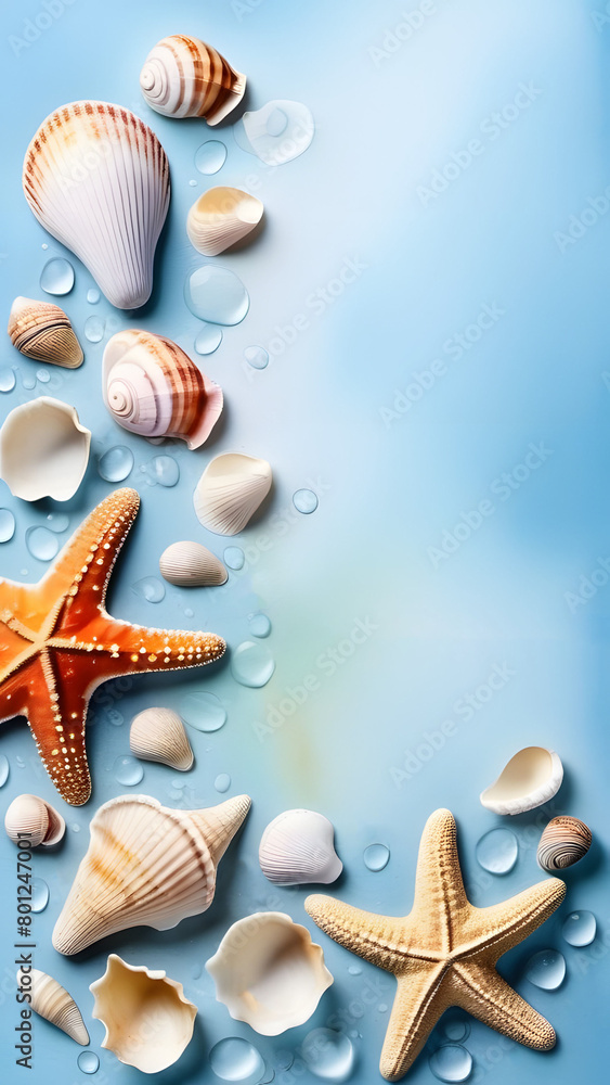Flat lay composition with starfish and sea shells on a blue background, top view with copy space for text. Summer time concept Flat lay composition with starfish and sea shells on a blue background, top view with copy space for text. Summer time concept